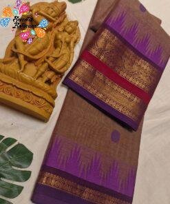 Alternative view of Premium Mocha Beige With Deep Purple Antique Gold Zari Border 120 Count Kanchi Cotton Saree with Rich Pallu