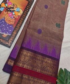 Premium Mocha Beige With Deep Purple Antique Gold Zari Border 120 Count Kanchi Cotton Saree with Rich Pallu Premium Mocha Beige With Deep Purple Antique Gold Zari Border 120 Count Kanchi Cotton Saree with Rich Pallu