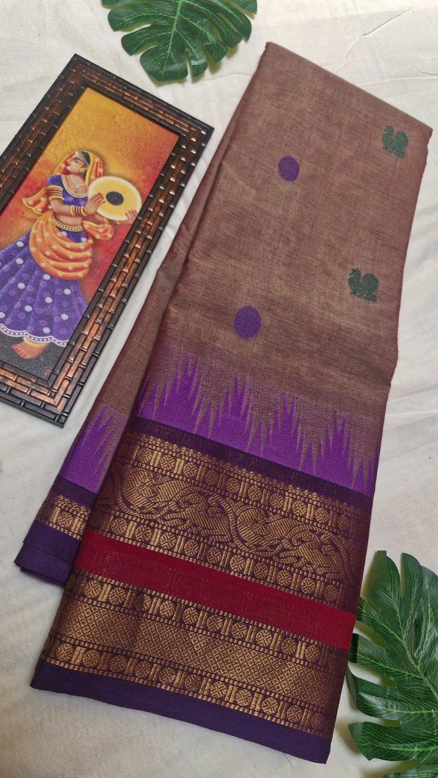 Premium Mocha Beige With Deep Purple Antique Gold Zari Border 120 Count Kanchi Cotton Saree with Rich Pallu Premium Mocha Beige With Deep Purple Antique Gold Zari Border 120 Count Kanchi Cotton Saree with Rich Pallu - Image 5