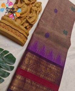 Premium Mocha Beige With Deep Purple Antique Gold Zari Border 120 Count Kanchi Cotton Saree with Rich Pallu Premium Mocha Beige With Deep Purple Antique Gold Zari Border 120 Count Kanchi Cotton Saree with Rich Pallu