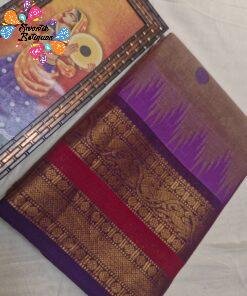 Premium Mocha Beige With Deep Purple Antique Gold Zari Border 120 Count Kanchi Cotton Saree with Rich Pallu