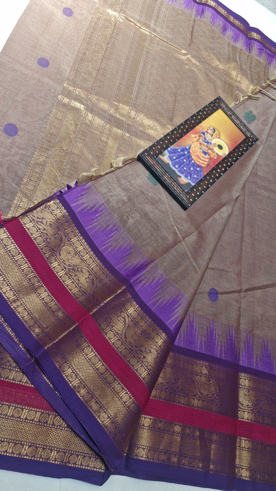 Premium Mocha Beige With Deep Purple Antique Gold Zari Border 120 Count Kanchi Cotton Saree with Rich Pallu Premium Mocha Beige With Deep Purple Antique Gold Zari Border 120 Count Kanchi Cotton Saree with Rich Pallu - Image 8