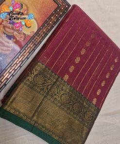 Premium Wine Maroon With Emerald Green Antique Gold Zari Border 120 Count Kanchi Cotton Saree with Rich Pallu