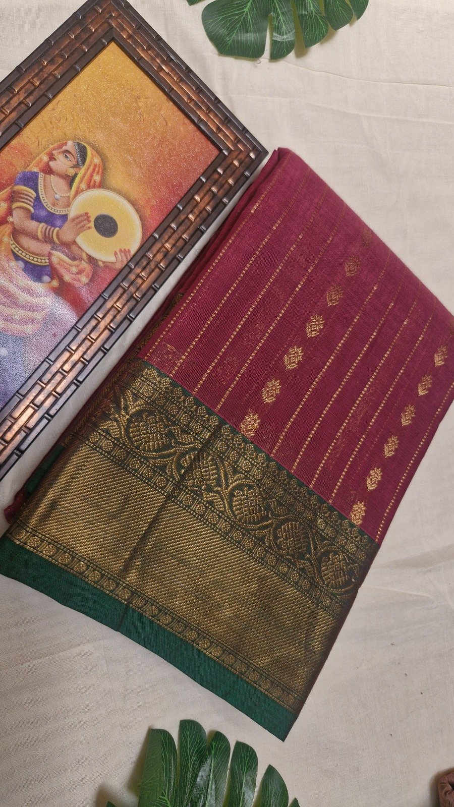 Premium Wine Maroon With Emerald Green Antique Gold Zari Border 120 Count Kanchi Cotton Saree with Rich Pallu Premium Wine Maroon With Emerald Green Antique Gold Zari Border 120 Count Kanchi Cotton Saree with Rich Pallu