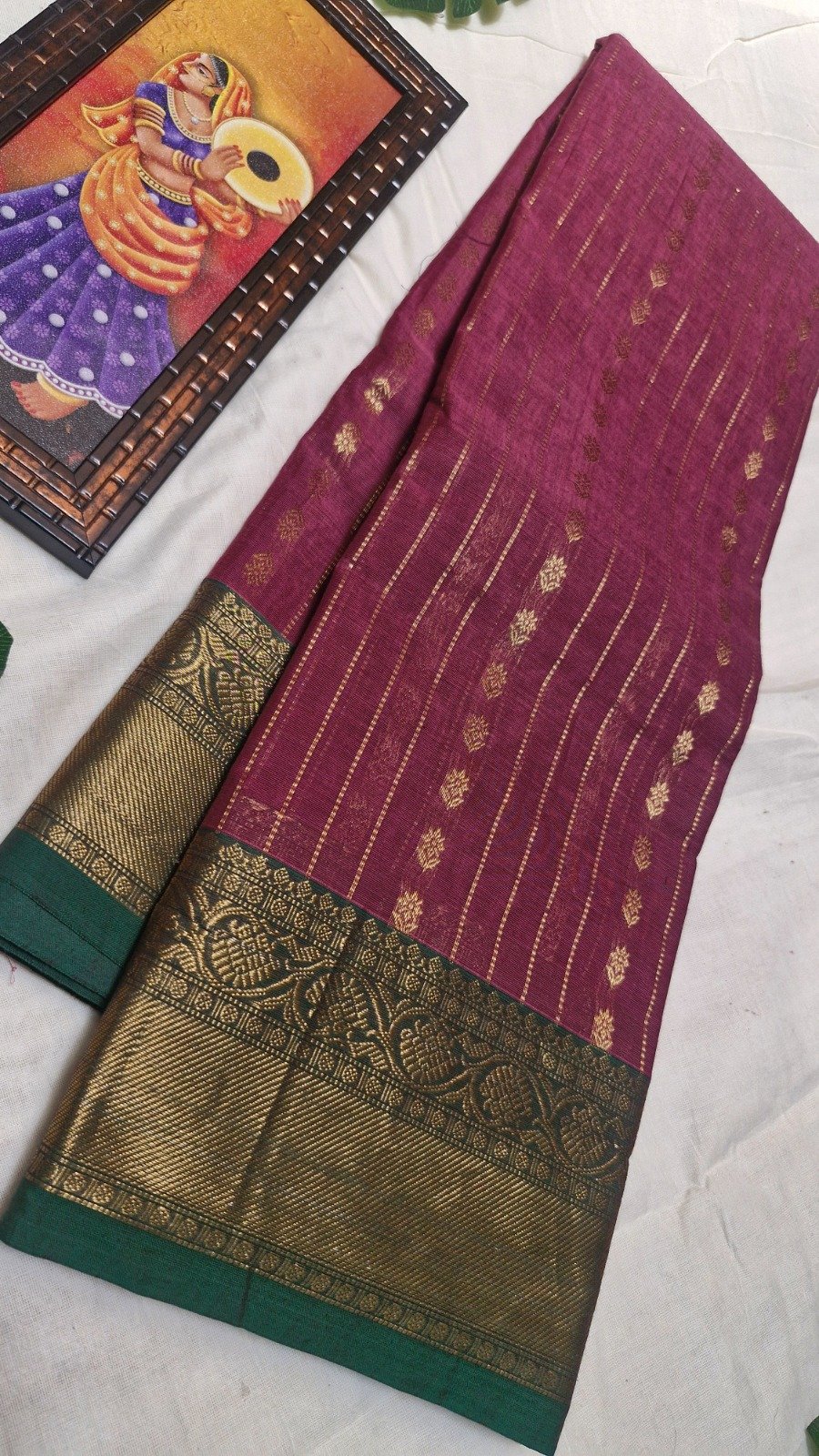 Premium Wine Maroon With Emerald Green Antique Gold Zari Border 120 Count Kanchi Cotton Saree with Rich Pallu Premium Wine Maroon With Emerald Green Antique Gold Zari Border 120 Count Kanchi Cotton Saree with Rich Pallu - Image 2