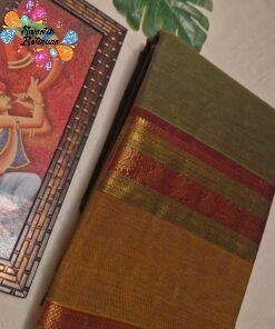 Premium Olive Green With Mustard And Gold Zari Border 120 Count Kanchi Cotton Saree with Rich Pallu