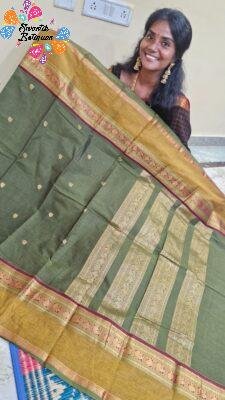 Premium Olive Green With Mustard And Gold Zari Border 120 Count Kanchi Cotton Saree with Rich Pallu