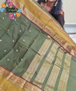 Premium Olive Green With Mustard And Gold Zari Border 120 Count Kanchi Cotton Saree with Rich Pallu