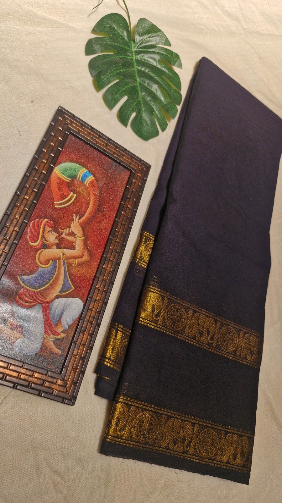 Premium Midnight Black With Antique Gold Zari Border Chettinad Cotton Saree Premium Midnight Black With Antique Gold Zari Border Chettinad Cotton Saree - Image 5