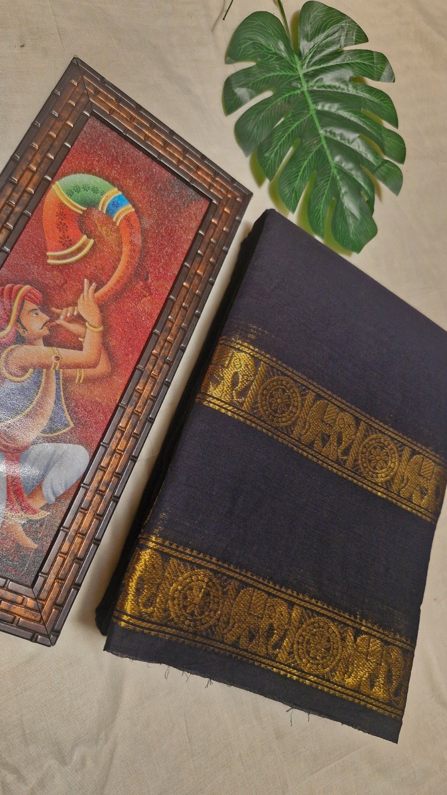 Premium Midnight Black With Antique Gold Zari Border Chettinad Cotton Saree Premium Midnight Black With Antique Gold Zari Border Chettinad Cotton Saree
