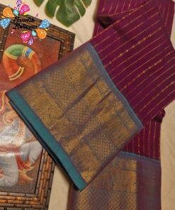 Alternative view of Premium Deep Jamun Purple with Peacock Teal and Antique Gold Border Kanchi Cotton Saree with Rich Pallu