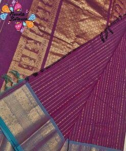 Premium Deep Jamun Purple with Peacock Teal and Antique Gold Border Kanchi Cotton Saree with Rich Pallu Premium Deep Jamun Purple with Peacock Teal and Antique Gold Border Kanchi Cotton Saree with Rich Pallu