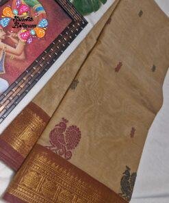 Premium Muted Camel Beige With Deep Rust Maroon Border Kanchi Cotton Saree with Rich Pallu