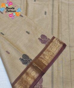 Premium Muted Camel Beige With Deep Rust Maroon Border Kanchi Cotton Saree with Rich Pallu