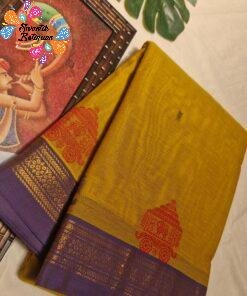 Temple Chariot Motifs Designer Antique Mustard Gold And Purple Border Premium Kanchi Cotton Saree with Rich Pallu