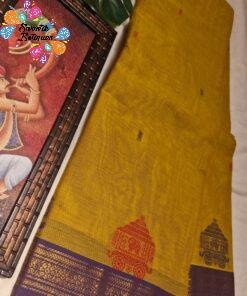 Temple Chariot Motifs Designer Antique Mustard Gold And Purple Border Premium Kanchi Cotton Saree with Rich Pallu Temple Chariot Motifs Designer Antique Mustard Gold And Purple Border Premium Kanchi Cotton Saree with Rich Pallu