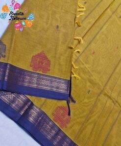 Temple Chariot Motifs Designer Antique Mustard Gold And Purple Border Premium Kanchi Cotton Saree with Rich Pallu