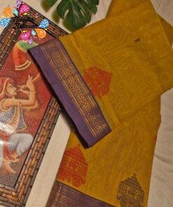 Temple Chariot Motifs Designer Antique Mustard Gold And Purple Border Premium Kanchi Cotton Saree with Rich Pallu