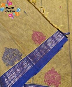 Temple Chariot Motifs Designer Antique Mustard Gold And Purple Border Premium Kanchi Cotton Saree with Rich Pallu