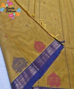 Temple Chariot Motifs Designer Antique Mustard Gold And Purple Border Premium Kanchi Cotton Saree with Rich Pallu