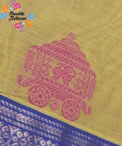 Temple Chariot Motifs Designer Antique Mustard Gold And Purple Border Premium Kanchi Cotton Saree with Rich Pallu