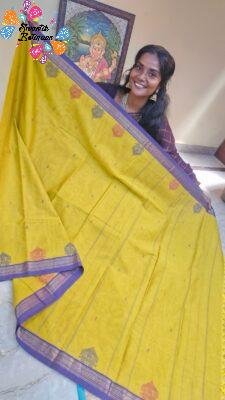 Temple Chariot Motifs Designer Antique Mustard Gold And Purple Border Premium Kanchi Cotton Saree with Rich Pallu