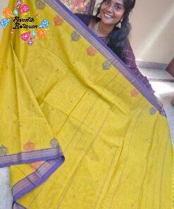 Temple Chariot Motifs Designer Antique Mustard Gold And Purple Border Premium Kanchi Cotton Saree with Rich Pallu