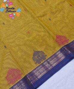 Temple Chariot Motifs Designer Antique Mustard Gold And Purple Border Premium Kanchi Cotton Saree with Rich Pallu
