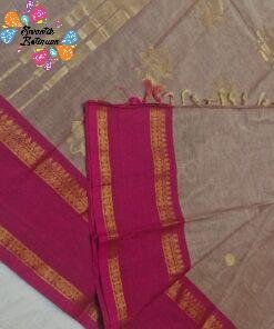 Premium Mushroom Taupe With Deep Rani Pink Antique Gold Zari Border Kanchi Cotton Saree with Rich Pallu