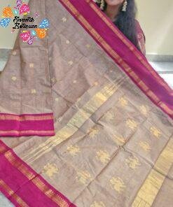 Premium Mushroom Taupe With Deep Rani Pink Antique Gold Zari Border Kanchi Cotton Saree with Rich Pallu Premium Mushroom Taupe With Deep Rani Pink Antique Gold Zari Border Kanchi Cotton Saree with Rich Pallu