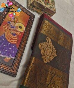 Premium Deep Wine Maroon With Dark Bottle Green Border Kanchi Cotton Saree with Rich Pallu