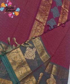 Premium Deep Wine Maroon With Dark Bottle Green Border Kanchi Cotton Saree with Rich Pallu