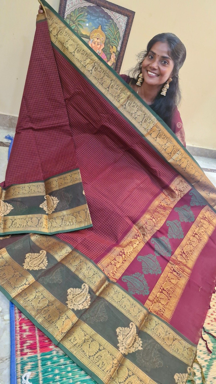 Premium Deep Wine Maroon With Dark Bottle Green Border Kanchi Cotton Saree with Rich Pallu Premium Deep Wine Maroon With Dark Bottle Green Border Kanchi Cotton Saree with Rich Pallu - Image 4