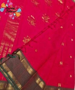 Premium Vivid Rani Pink With Dark Bottle Green Border Kanchi Cotton Saree with Rich Pallu Premium Vivid Rani Pink With Dark Bottle Green Border Kanchi Cotton Saree with Rich Pallu