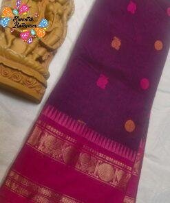 Premium Plain Deep Plum body with scattered small woven butta motifs With Rani Pink Border Chettinad Cotton Saree Premium Plain Deep Plum body with scattered small woven butta motifs With Rani Pink Border Chettinad Cotton Saree