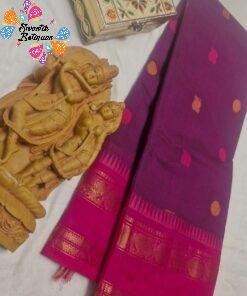 Premium Plain Deep Plum body with scattered small woven butta motifs With Rani Pink Border Chettinad Cotton Saree