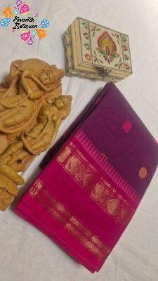 Premium Plain  Deep Plum body with scattered small woven butta motifs With Rani Pink  Border  Chettinad Cotton Saree