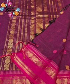 Premium Plain Deep Plum body with scattered small woven butta motifs With Rani Pink Border Chettinad Cotton Saree Premium Plain Deep Plum body with scattered small woven butta motifs With Rani Pink Border Chettinad Cotton Saree