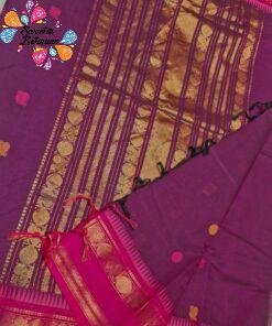 Premium Plain Deep Plum body with scattered small woven butta motifs With Rani Pink Border Chettinad Cotton Saree
