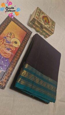 Black And Green and Antique Gold Zari Border Chettinad Cotton Saree