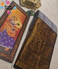 Premium Ash Grey Kanchi Cotton Saree with Deep Charcoal Black Big Border And Rich Pallu