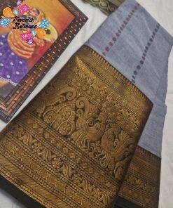 Premium Ash Grey Kanchi Cotton Saree with Deep Charcoal Black Big Border And Rich Pallu