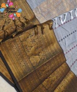 Premium Ash Grey Kanchi Cotton Saree with Deep Charcoal Black Big Border And Rich Pallu