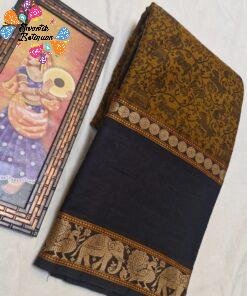 Antique Mustard Gold And Charcoal Black Premium Vanasigaram Kanchi Cotton Saree