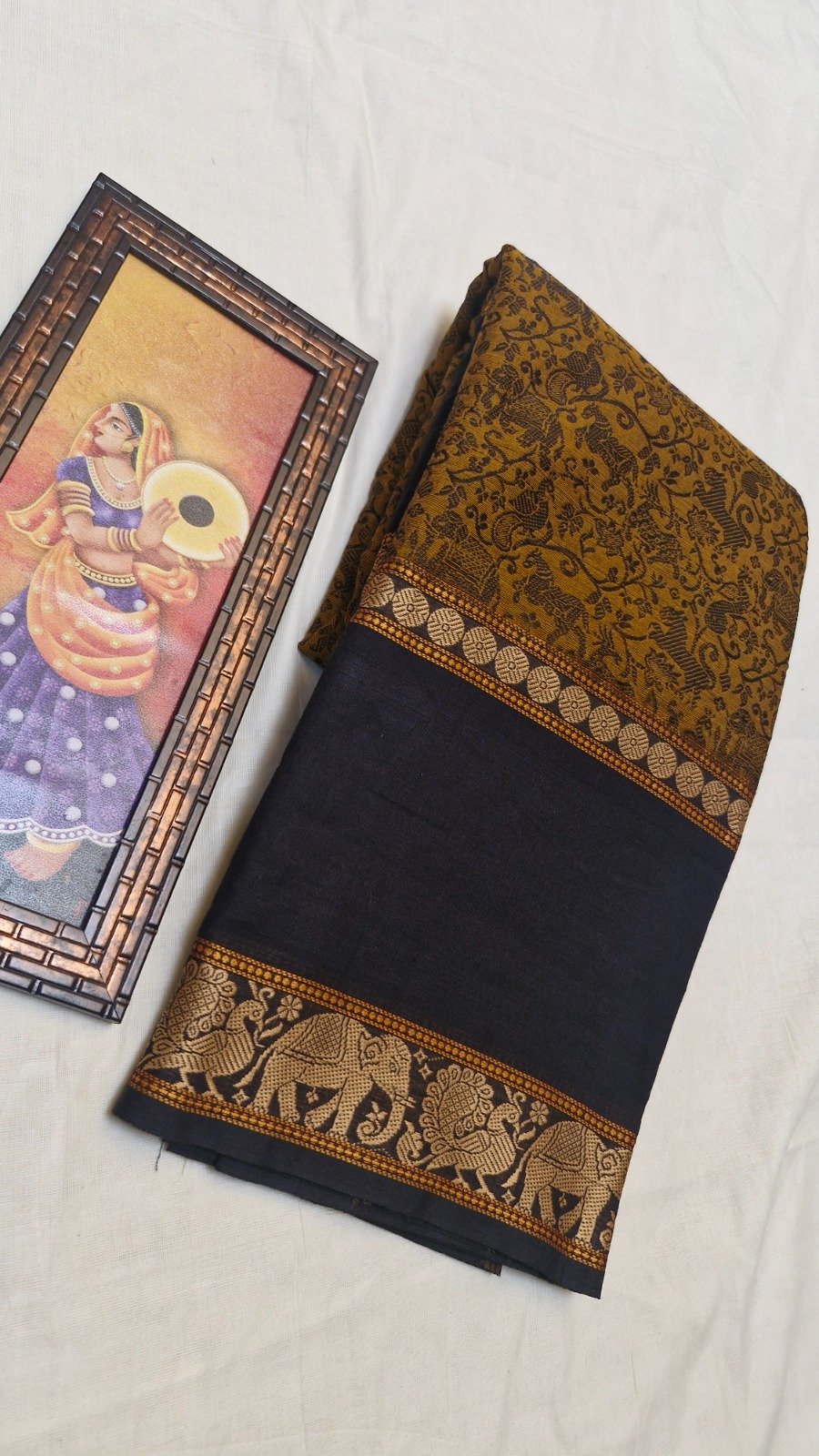 Antique Mustard Gold And Charcoal Black Premium Vanasigaram Kanchi Cotton Saree Antique Mustard Gold And Charcoal Black Premium Vanasigaram Kanchi Cotton Saree