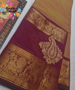 Golden Beige And Deep Wine Premium Kanchi Cotton Saree with Rich Pallu