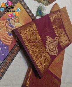 Welcome Swastik Boutiques, Sri Lanka Alternative view of Golden Beige And Deep Wine Premium Kanchi Cotton Saree with Rich Pallu