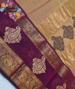 Golden Beige And Deep Wine Premium Kanchi Cotton Saree with Rich Pallu