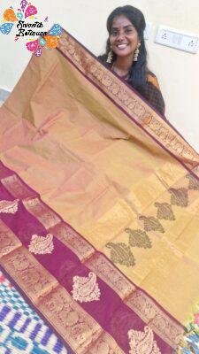 Golden Beige And Deep Wine Premium Kanchi Cotton Saree with Rich Pallu