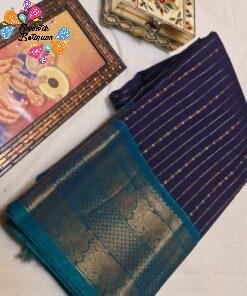 Deep Navy Blue with Peacock Teal Border Premium Kanchi Cotton Saree with Rich Pallu